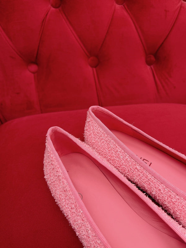 ballet flat pink black tweed grosgrain