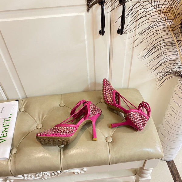 BV 26s Stretch Lace-Up Sandal 9cm Punch Pink Metallized Mesh Leather