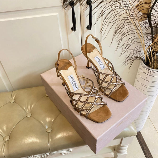 Jimmy Choo Saila Sandals 9cm Brown Sheepskin Suede 688232