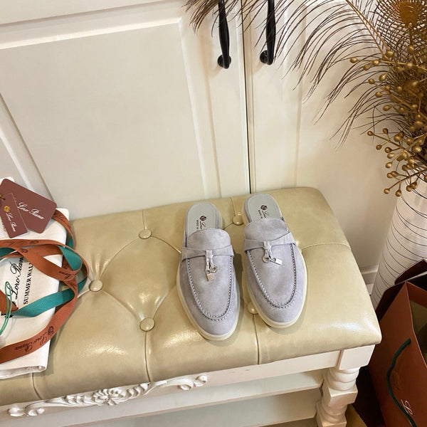 LP 26s Lock Charm Mules In Light Grey Suede