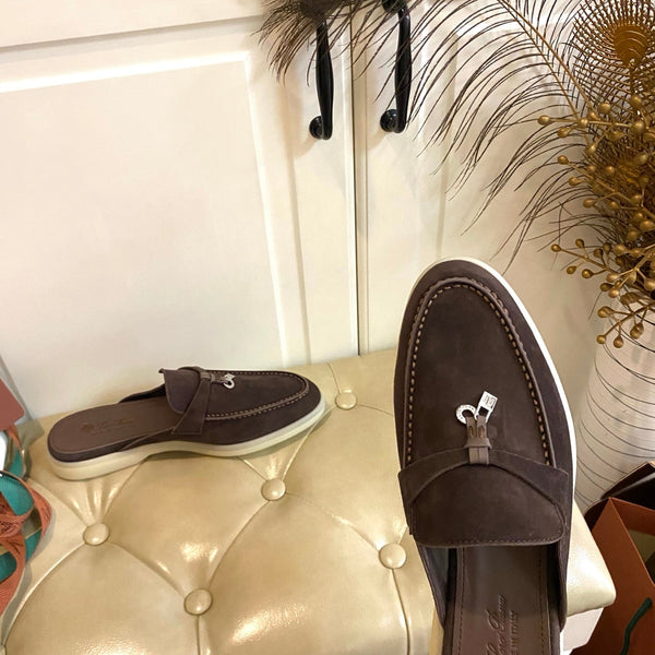 LP 26s Lock Charm Mules In Dark Brown Suede