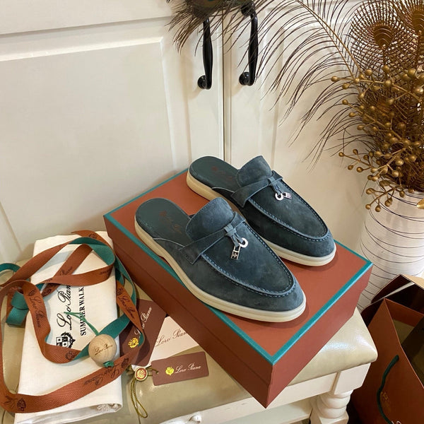LP 26s Lock Charm Mules In Slate Blue Suede