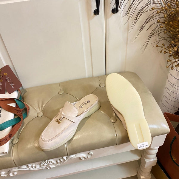 LP 26s Lock Charm Mules In Beige Suede