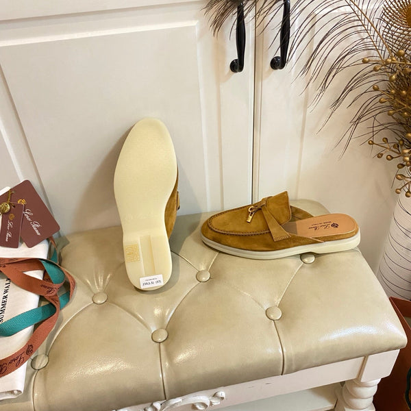 LP 26s Lock Charm Mules In Honey Yellow Suede Gold Hardware