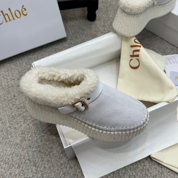 Chloe Nama Shearling-Lined Mule Light Gray Suede 523134