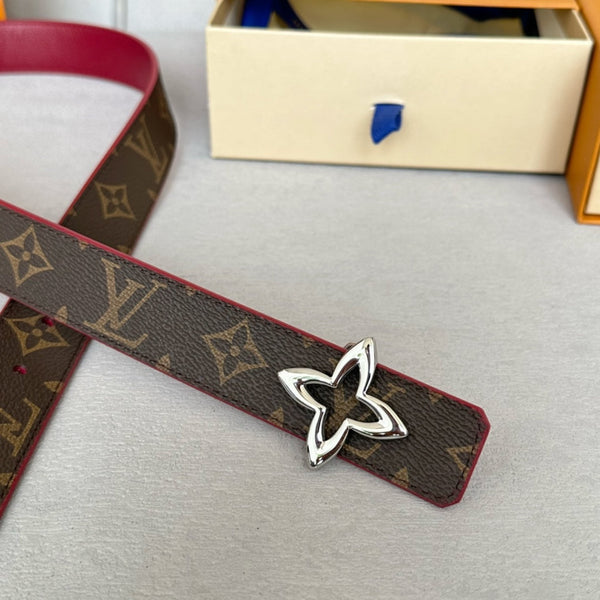 LV MINI FLOWERGRAM 30MM REVERSIBLE BELT IN BLOOD RED CALFSKIN SILVER HARDWARE