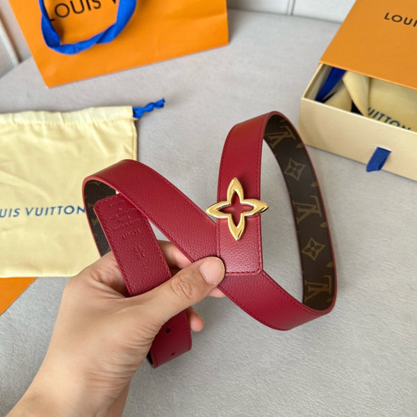 LV MINI FLOWERGRAM 30MM REVERSIBLE BELT IN BLOOD RED CALFSKIN GOLD HARDWARE