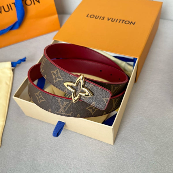 LV MINI FLOWERGRAM 30MM REVERSIBLE BELT IN BLOOD RED CALFSKIN GOLD HARDWARE