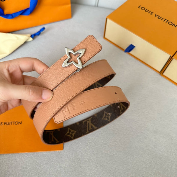 LV MINI FLOWERGRAM 30MM REVERSIBLE BELT IN BUFF BROWN CALFSKIN SILVER HARDWARE