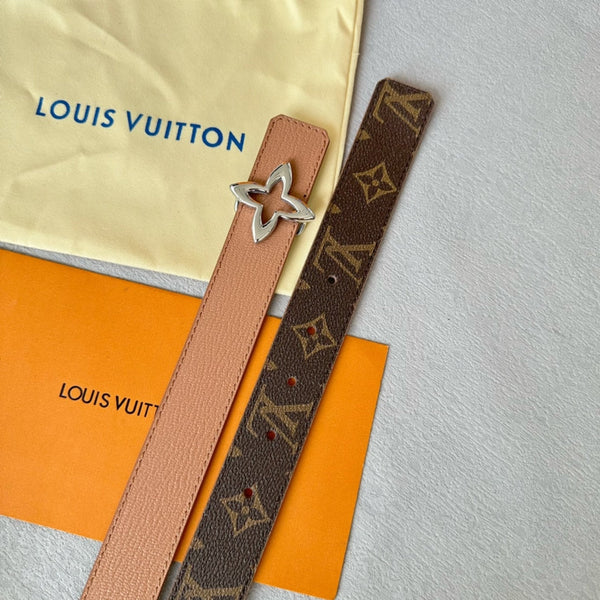 LV MINI FLOWERGRAM 30MM REVERSIBLE BELT IN BUFF BROWN CALFSKIN SILVER HARDWARE