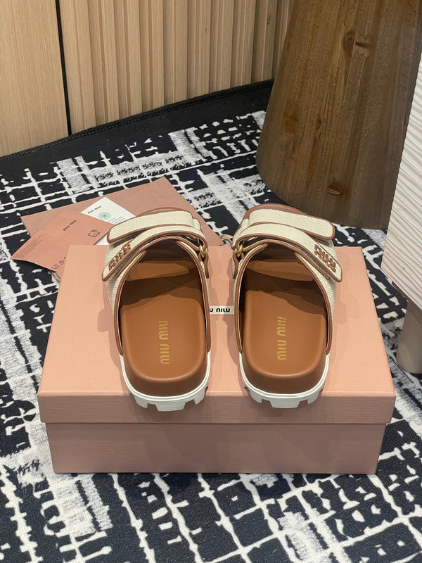 Miu 25S Beige and Brandy Canvas slides 227136