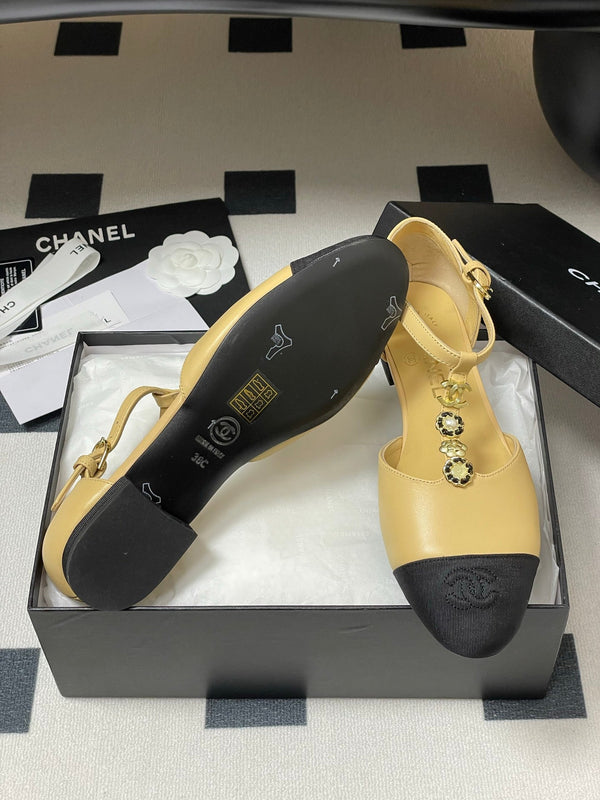 CC 25S Jewelry Double C Buckle T-Strap Mary Jane Beige Lambskin Black Grosgrain 247712