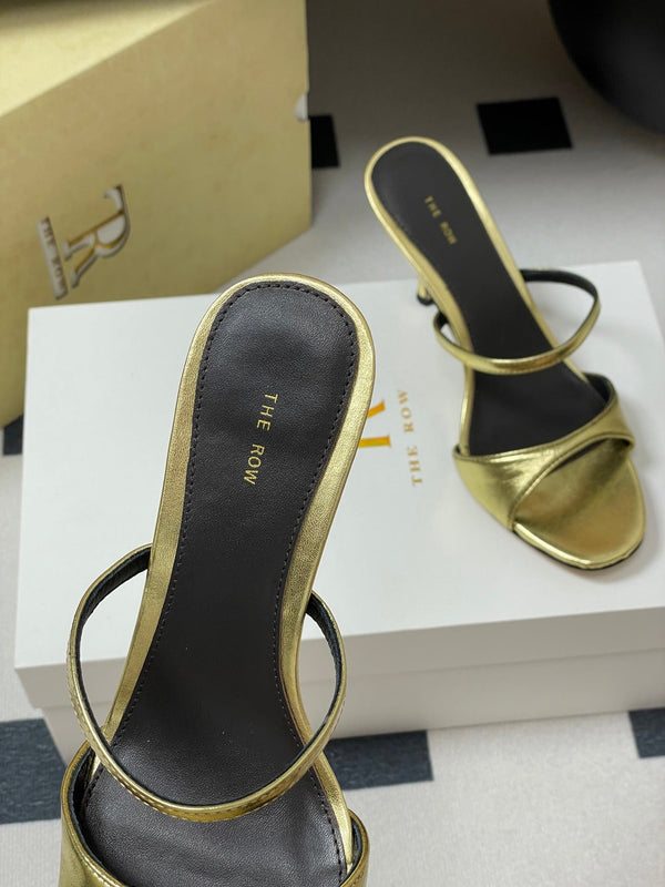 The Row 25S Strap High Heel Mule Sandals 85mm Black Mix Gold Metallic Cowhide 286210