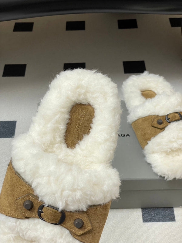 Balenciaga Classic Buckle Slippers White Brown Wool 535029