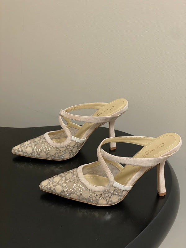 CD 26 High-Heeled Mules Beige Mesh Sheepskin 593587