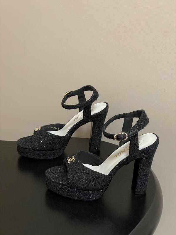 CC 26SS Platform Sandals 120mm Black Double C Tweed 632570