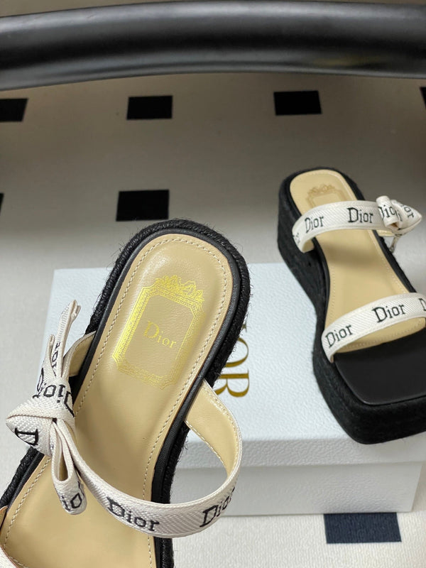 CD J'Adior Wedge Slide Straps Black Beige Leather 834938