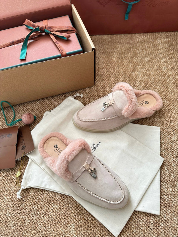 Loro Piana Charms Walk Flat Mules Light Pink Suede Fur 623533