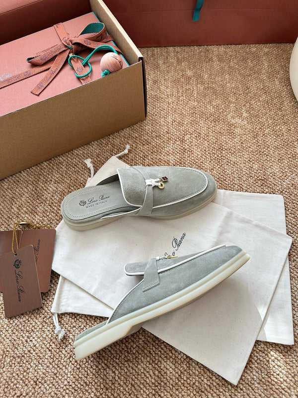 Loro Piana Charms Walk Flat Mules Targan Green Suede 623545