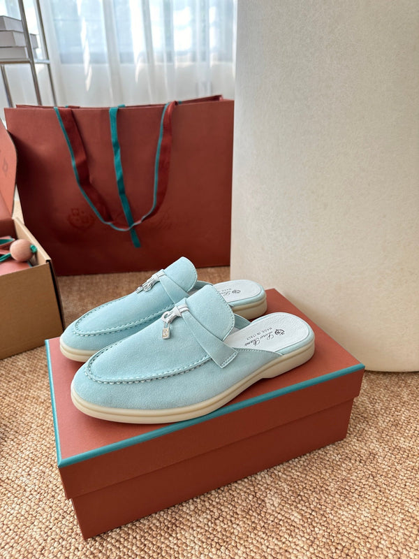 Loro Piana Charms Walk Flat Mules Pale Blue Suede 623551