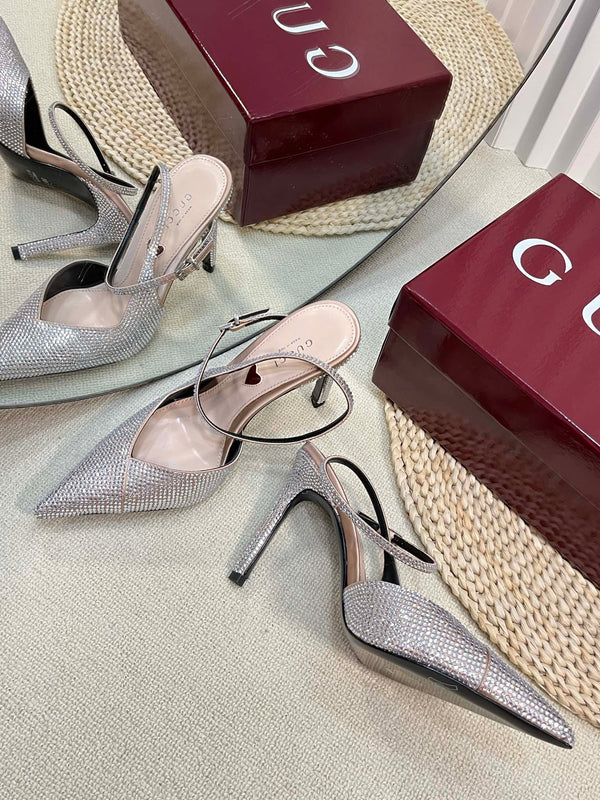HIGH SLINGBACK 10 CM IN BEIGE SILK WITH FULL RHINSTONES