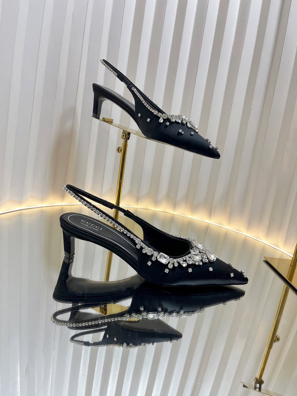 GC 2025 Crystal Embellished 55mm High Heels Slingbacks Black Silk Sheepskin 294526