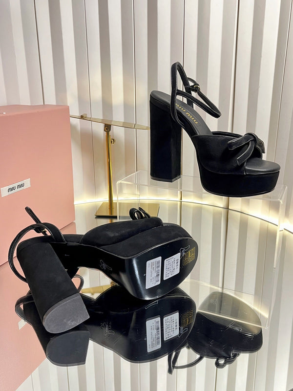 Miu 26s Platform Ankle Strap Sandals 120mm In Black Suede With Bow