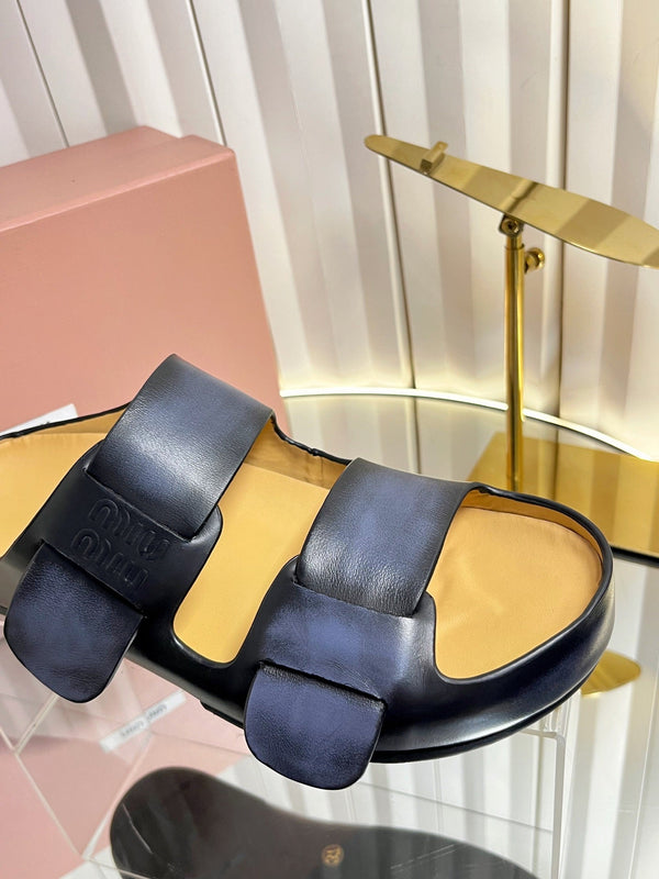 Miu 26s Double-Strap Slides In Black Calfskin