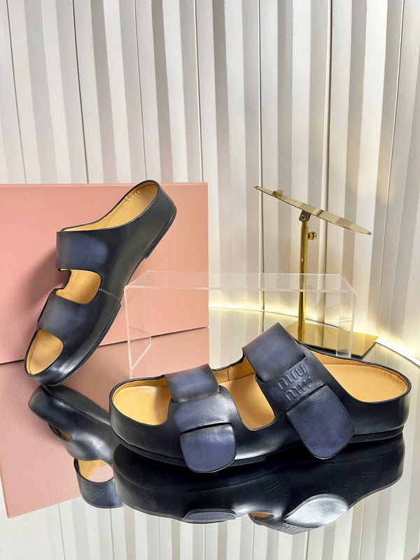 Miu 26s Double-Strap Slides In Black Calfskin