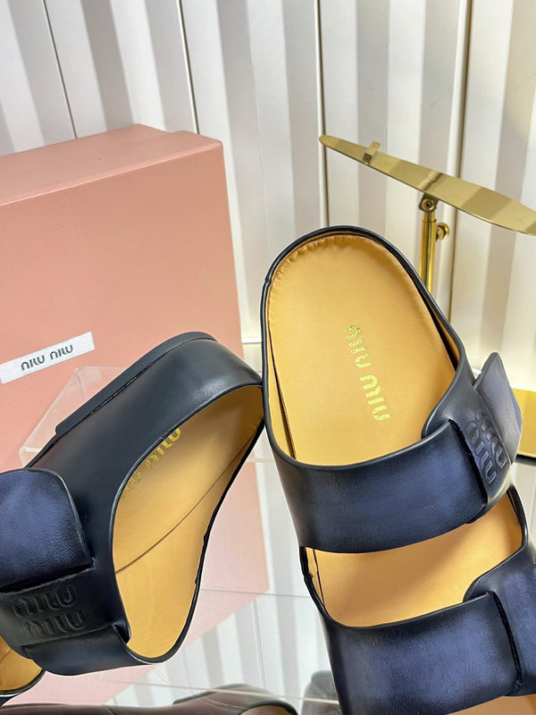 Miu 26s Double-Strap Slides In Black Calfskin