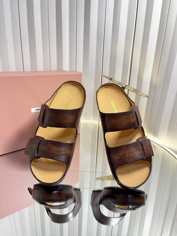 Miu 26s Double-Strap Slides In Caramel Brown Calfskin