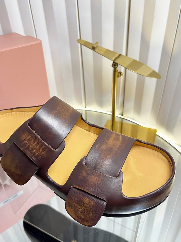 Miu 26s Double-Strap Slides In Caramel Brown Calfskin