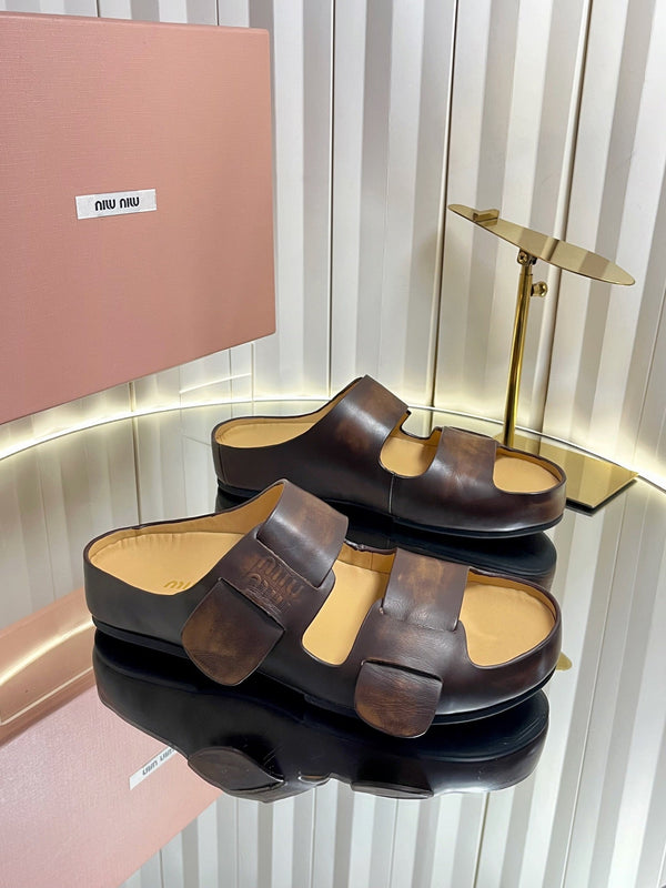 Miu 26s Double-Strap Slides In Caramel Brown Calfskin