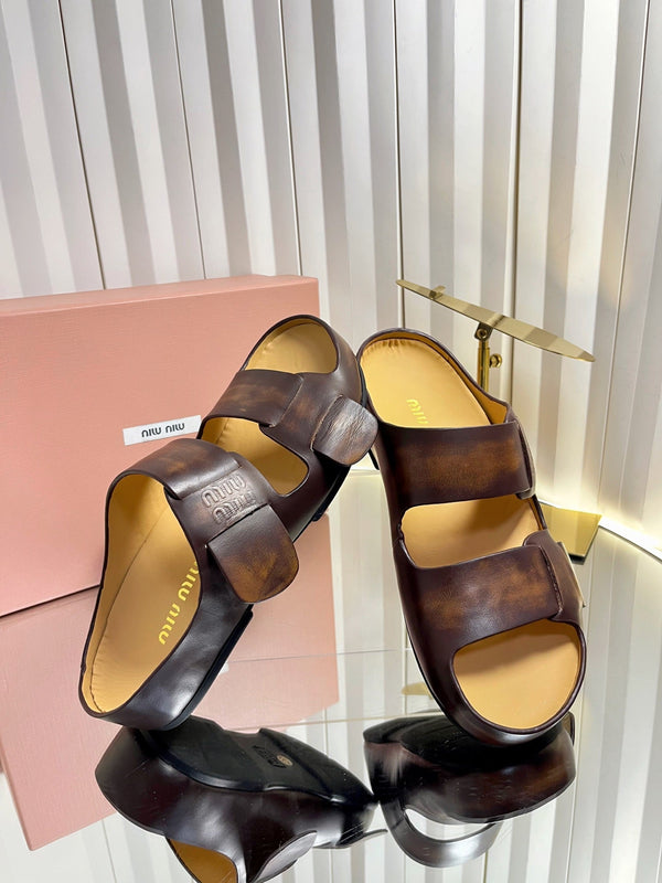 Miu 26s Double-Strap Slides In Caramel Brown Calfskin