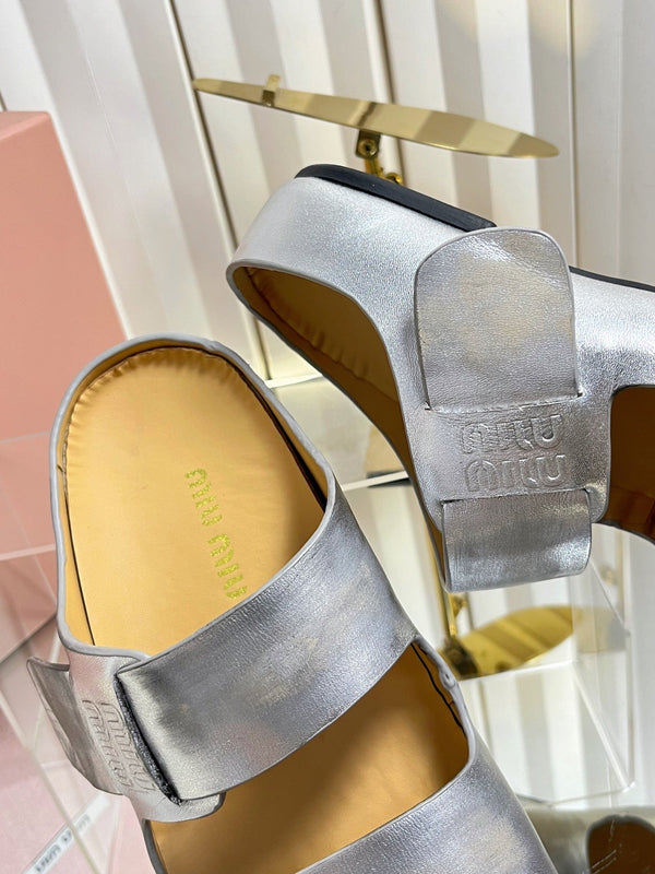 Miu 26s Double-Strap Slides In Sliver Calfskin