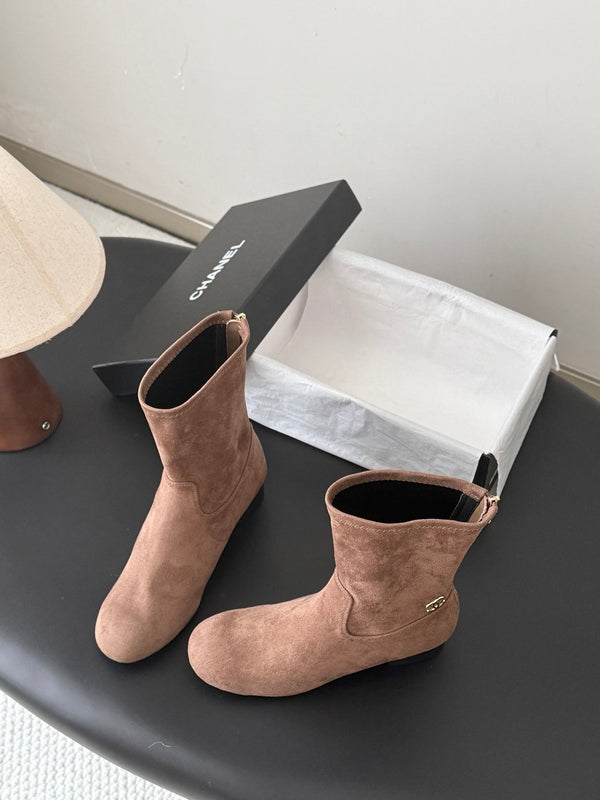 CC 26s Chunky Heel Elastic Short Boots 5cm Brown Suede 969717