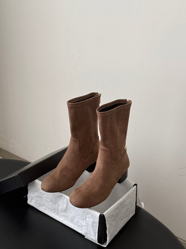 CC 26s Chunky Heel Elastic Short Boots 5cm Brown Suede 969717
