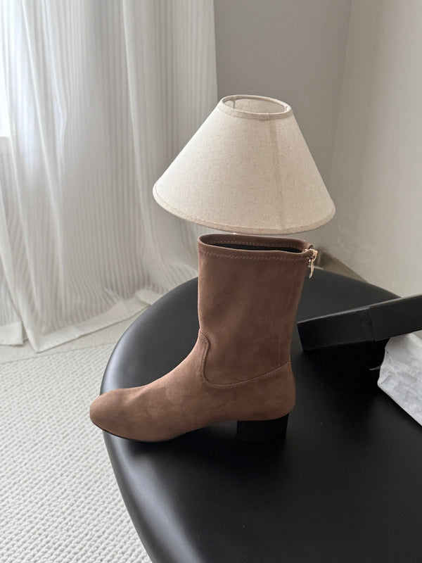 CC 26s Chunky Heel Elastic Short Boots 5cm Brown Suede 969717