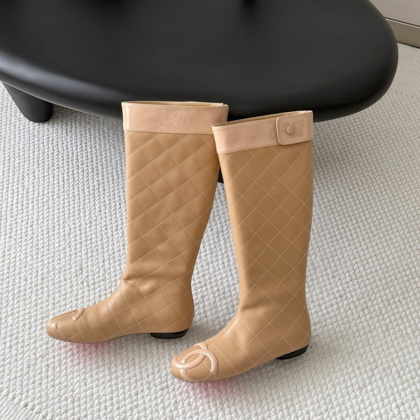 CC 26s Cambon Quilted Tall Flat Boots Beige Calfskin 969724