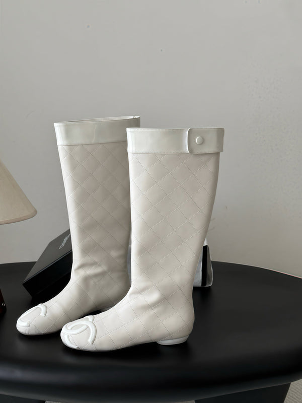 CC 26s Cambon Quilted Tall Flat Boots Ivory White Calfskin 969725