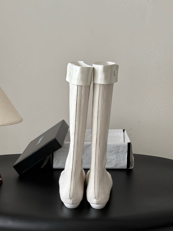 CC 26s Cambon Quilted Tall Flat Boots Ivory White Calfskin 969725