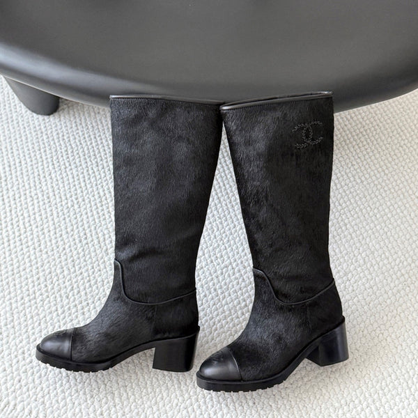 CC 26s Embroidered Logo Knee High Boots Black Pony Hair 127788
