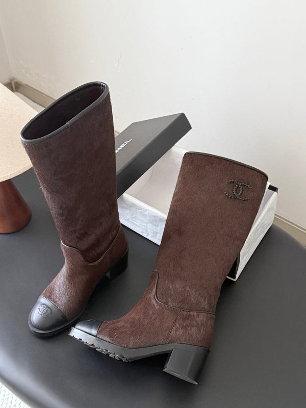 CC 26s Embroidered Logo Knee High Boots Brown Black Pony Hair 127789