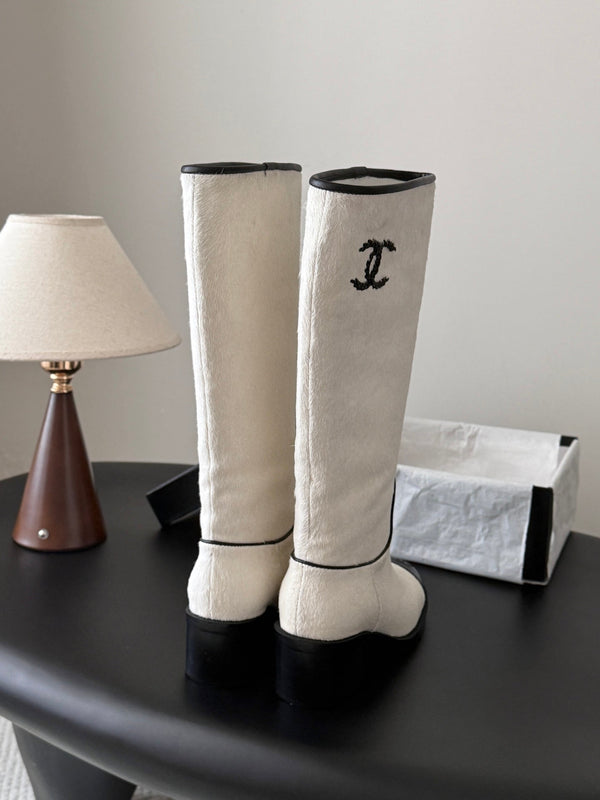 CC 26s Embroidered Logo Knee High Boots White Black Pony Hair 127790