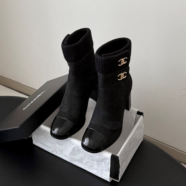 CC 26s Ankle Boots Black Knit Cuff Suede 127792
