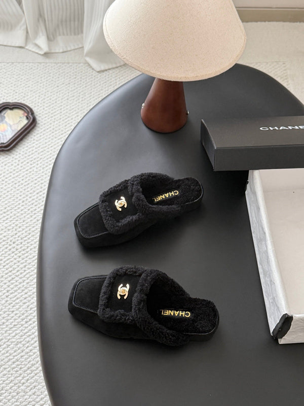 CC 26S Shearling Trim Mules Black Gold Suede 127800