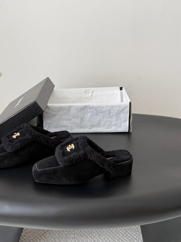 CC 26S Shearling Trim Mules Black Gold Suede 127800