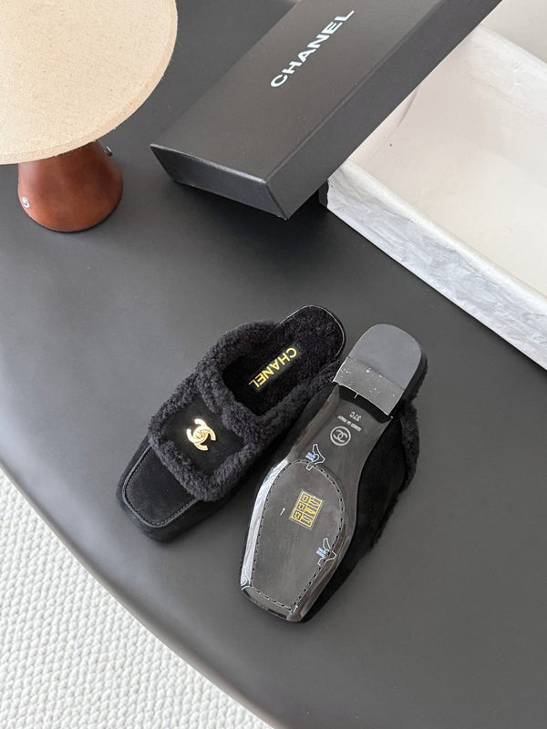 CC 26S Shearling Trim Mules Black Gold Suede 127800