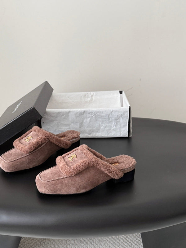 CC 26S Shearling Trim Mules Khaki Gold Suede 127802