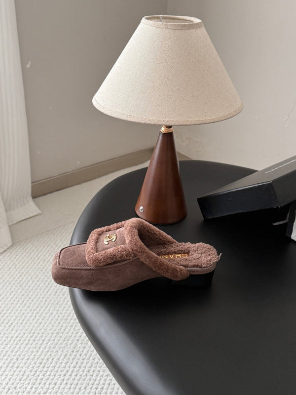 CC 26S Shearling Trim Mules Khaki Gold Suede 127802